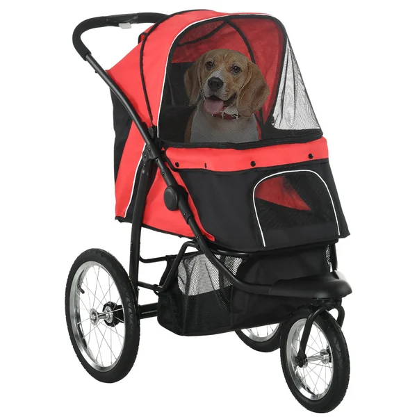 PawHut Dog Pram Dog Stroller Foldable for Medium, Small Breeds Red | Jogger, Pet Pushchair, Rubber Wheels, Washable Cushion