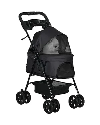 PawHut Dog Pram Dog Stroller with Safety Leashes for Small Dogs Black | Foldable Pet Pushchair, 4 Wheels, Cup Holder