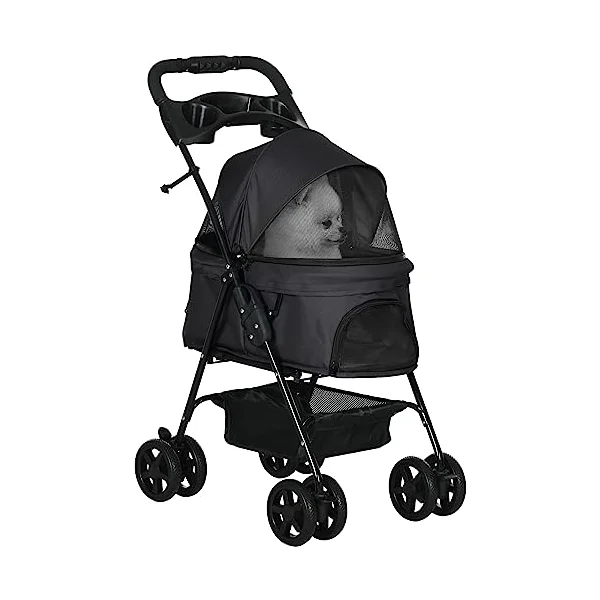 PawHut Dog Pram Dog Stroller with Safety Leashes for Small Dogs Black | Foldable Pet Pushchair, 4 Wheels, Cup Holder