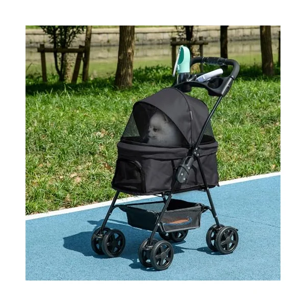 PawHut Dog Pram Dog Stroller with Safety Leashes for Small Dogs Black | Foldable Pet Pushchair, 4 Wheels, Cup Holder