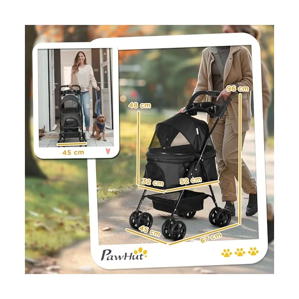 PawHut Dog Pram Dog Stroller with Safety Leashes for Small Dogs Black | Foldable Pet Pushchair, 4 Wheels, Cup Holder