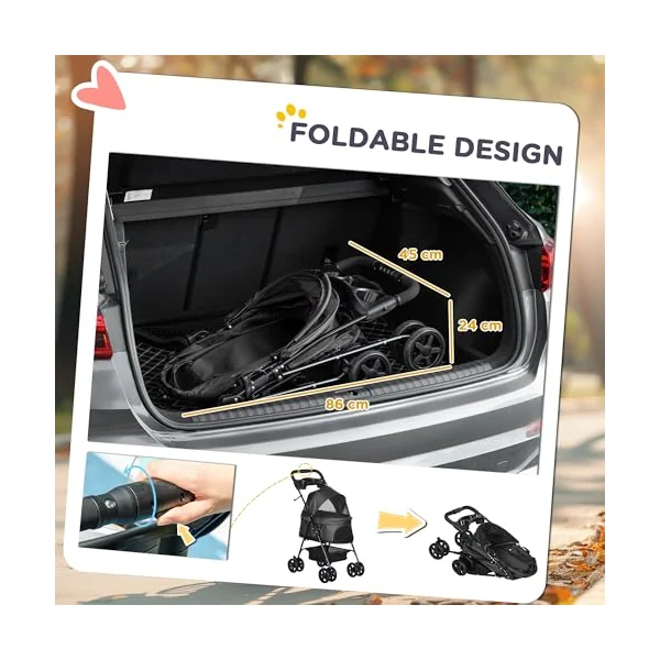 PawHut Dog Pram Dog Stroller with Safety Leashes for Small Dogs Black | Foldable Pet Pushchair, 4 Wheels, Cup Holder