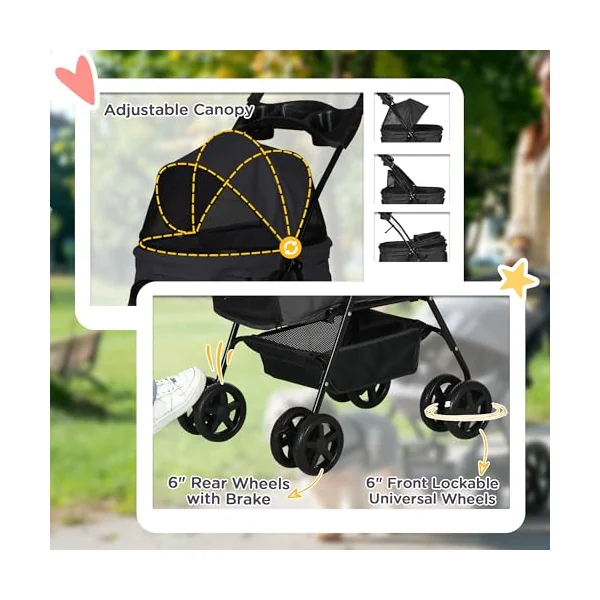 PawHut Dog Pram Dog Stroller with Safety Leashes for Small Dogs Black | Foldable Pet Pushchair, 4 Wheels, Cup Holder