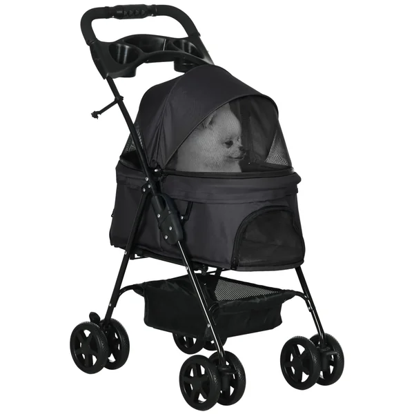 PawHut Dog Pram Dog Stroller with Safety Leashes for Small Dogs Black | Foldable Pet Pushchair, 4 Wheels, Cup Holder