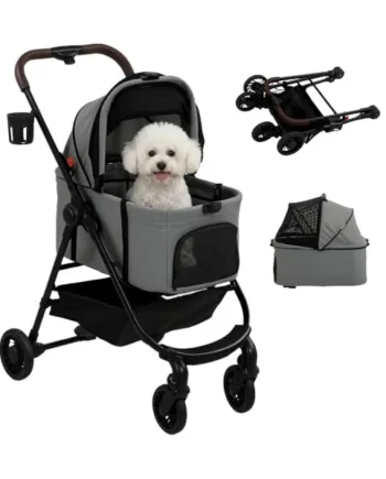 Pawhut Dog Stroller 3 in 1 Foldable Dog Pram for Small Puppy Cat Grey | Detachable Travel Carrier, 4 Wheels, Storage Basket, Seat Leashes, Mesh Window