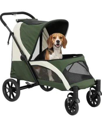 PawHut Dog Stroller Easy Folding for Medium Dogs 25 kg 4 Wheels Dark Green | Pet Stroller, Puppy Pram Pet Pushchair, Big Wheels, Shock-Absorbing Frame, Safety Leashes, Brakes
