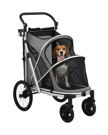 PawHut Dog Stroller for Medium Dogs 20 kg Lightweight Aluminium Frame Grey | Pet Stroller, Foldable Puppy Pram, Pet Pushchair, 2 Big Wheels, Shock-Absorbing Frame, Seat Leashes, Brakes