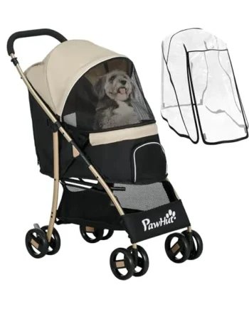 PawHut Dog Stroller with Rain Cover Foldable for Small Pets Khaki | Dog Pram, 4 Wheels Pet Pushchair, Safety Leashes, for Small Cats