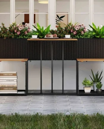 PE Rattan Garden Planter Table with Built-in Chairs and Storage Space