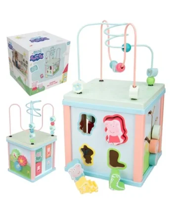 Peppa Pig Wooden Activity Cube for Toddlers 12+ Months Multi Activity Educational Toy with Beads Shape Sorter Spinning Shapes Wooden Gears Fine Motor Skill Play