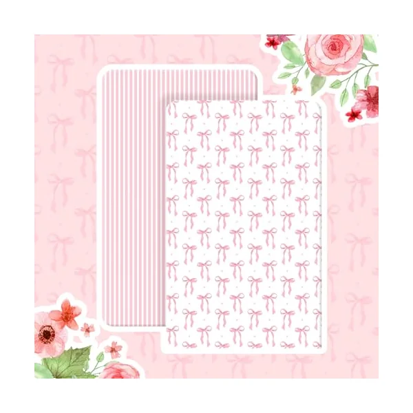 Peryiter 2 Pack Crib Sheets for Girls Boys Coquette Bed Sheet Set Fitted 52'' x 28" for Standard Crib Mattress Stretchable Soft Toddler Aesthetic Nursery Decor(Bow,Pink)