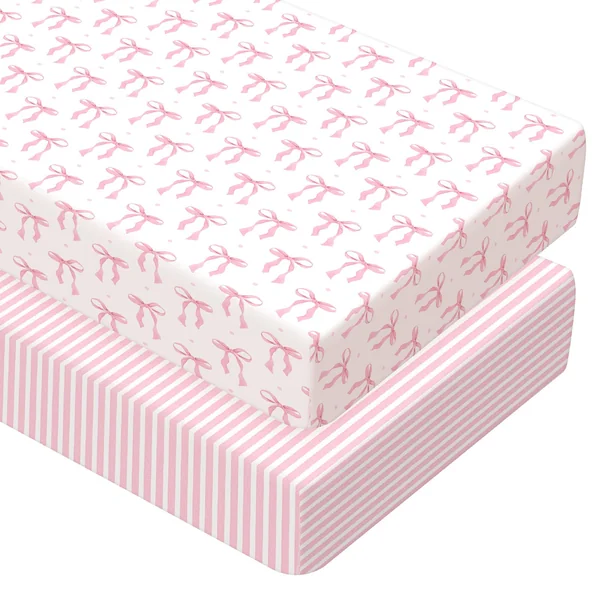 Peryiter 2 Pack Crib Sheets for Girls Boys Coquette Bed Sheet Set Fitted 52'' x 28" for Standard Crib Mattress Stretchable Soft Toddler Aesthetic Nursery Decor(Bow,Pink)