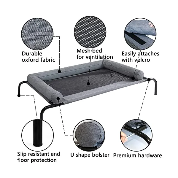 PETIME Cooling Elevated Pet Cushion Bed Raised Dog Cots Beds for Small Dogs, Portable Indoor & Outdoor Pet Hammock Bed, Frame with Breathable Mesh and Removable Bolsters (42 Inch)