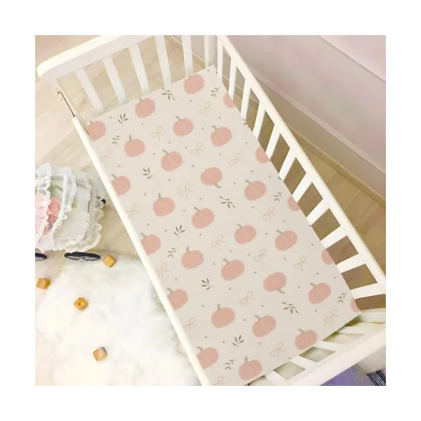 Pfrewn Fall Autumn Crib Sheets for Boys Girls Boho Pink Pumpkins Ribbons Fitted Crib Sheet Fits Standard Crib Mattress Pads Stretch Soft Toddler Baby Sheet Thanksgiving Decor, 52x28x9IN