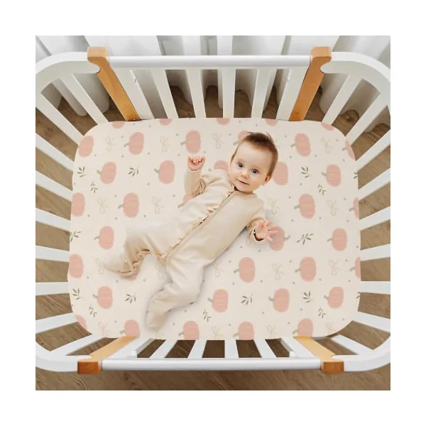 Pfrewn Fall Autumn Crib Sheets for Boys Girls Boho Pink Pumpkins Ribbons Fitted Crib Sheet Fits Standard Crib Mattress Pads Stretch Soft Toddler Baby Sheet Thanksgiving Decor, 52x28x9IN