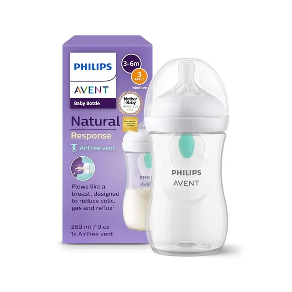 Philips Avent Natural Response Baby Bottle - 260ml Baby Milk Bottle with AirFree Vent, BPA Free for Newborn Babies Aged 3-6 Months (Model SCY673/01)