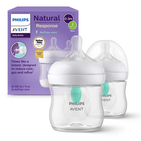 Philips Avent Natural Response Baby Bottle - 2X 125ml Baby Milk Bottle with AirFree Vent, BPA Free for Newborn Babies Aged 0 Months+ (Model SCY670/02)