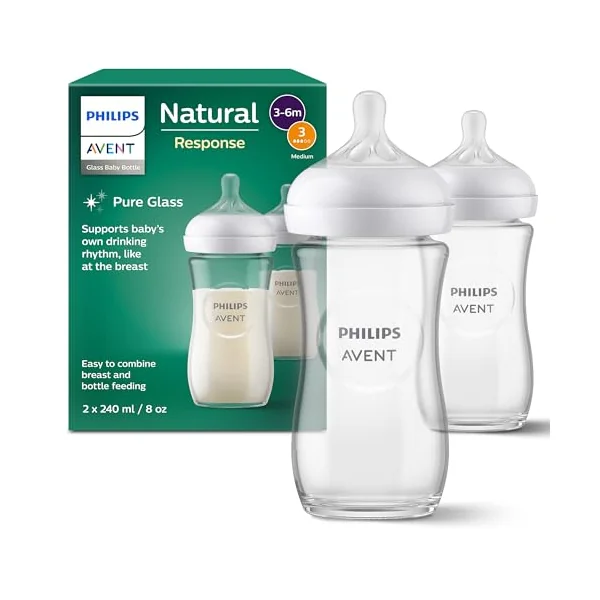 Philips Avent Natural Response Glass Baby Bottles 8oz/240 ml with Medium Flow Teats (Flow 3), 2 Pack, SCY933/02