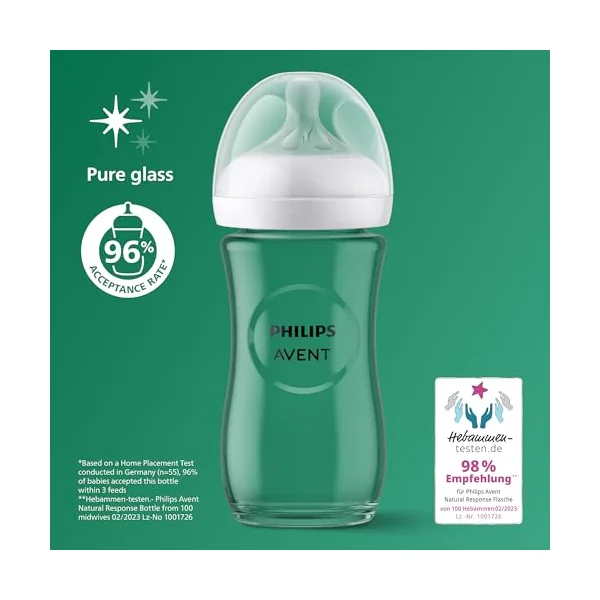 Philips Avent Natural Response Glass Baby Bottles 8oz/240 ml with Medium Flow Teats (Flow 3), 2 Pack, SCY933/02