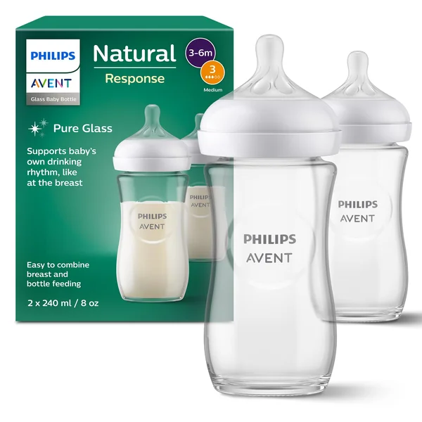 Philips Avent Natural Response Glass Baby Bottles 8oz/240 ml with Medium Flow Teats (Flow 3), 2 Pack, SCY933/02