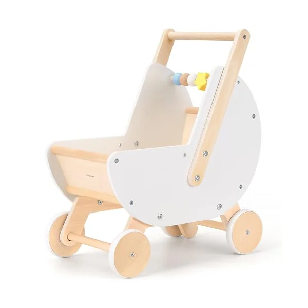 Pillowhale Wooden Baby Walker & Doll Stroller – Adjustable Handle Push Cart, Anti‑Tip, Quiet Wheels, Pretend Shopping Cart – Montessori Wooden Walker for Babies , Doll Stroller for Toddlers 12m+