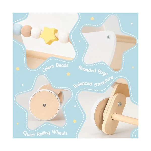Pillowhale Wooden Baby Walker & Doll Stroller – Adjustable Handle Push Cart, Anti‑Tip, Quiet Wheels, Pretend Shopping Cart – Montessori Wooden Walker for Babies , Doll Stroller for Toddlers 12m+