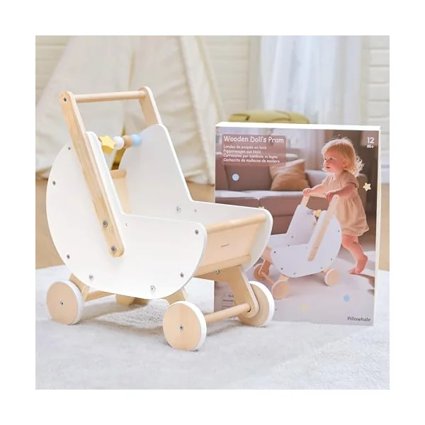 Pillowhale Wooden Baby Walker & Doll Stroller – Adjustable Handle Push Cart, Anti‑Tip, Quiet Wheels, Pretend Shopping Cart – Montessori Wooden Walker for Babies , Doll Stroller for Toddlers 12m+