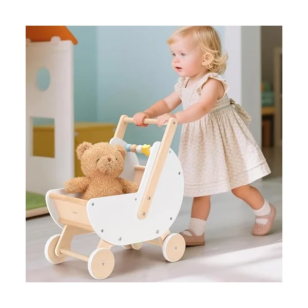Pillowhale Wooden Baby Walker & Doll Stroller – Adjustable Handle Push Cart, Anti‑Tip, Quiet Wheels, Pretend Shopping Cart – Montessori Wooden Walker for Babies , Doll Stroller for Toddlers 12m+