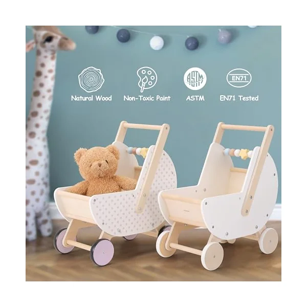 Pillowhale Wooden Baby Walker & Doll Stroller – Adjustable Handle Push Cart, Anti‑Tip, Quiet Wheels, Pretend Shopping Cart – Montessori Wooden Walker for Babies , Doll Stroller for Toddlers 12m+