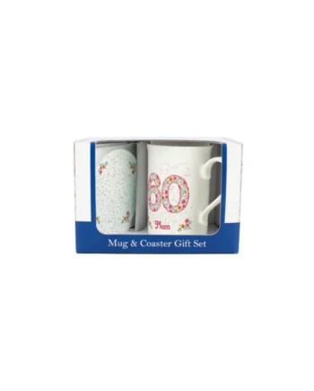 Pink Floral Mums 60th Birthday Mug & Coaster Gift Set - Bone China Mug and Glass Coaster Tea/Coffee Cup Present for Mum