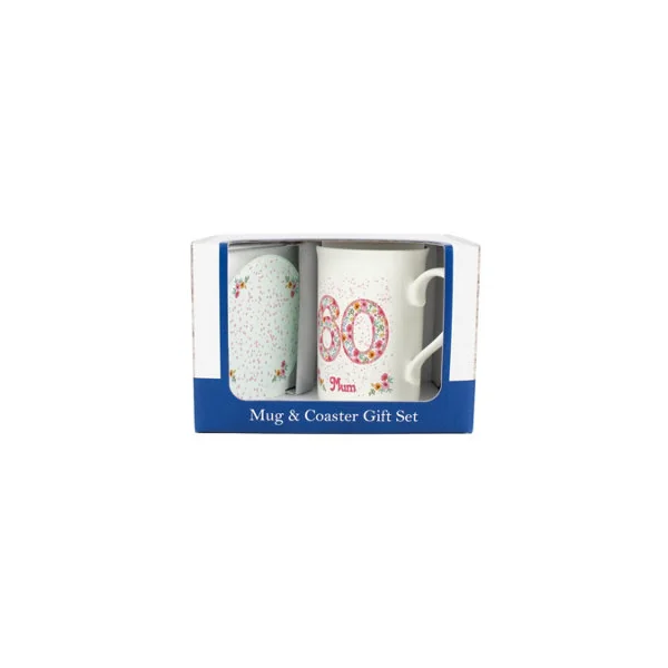 Pink Floral Mums 60th Birthday Mug & Coaster Gift Set - Bone China Mug and Glass Coaster Tea/Coffee Cup Present for Mum