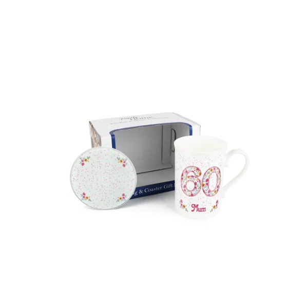 Pink Floral Mums 60th Birthday Mug & Coaster Gift Set - Bone China Mug and Glass Coaster Tea/Coffee Cup Present for Mum