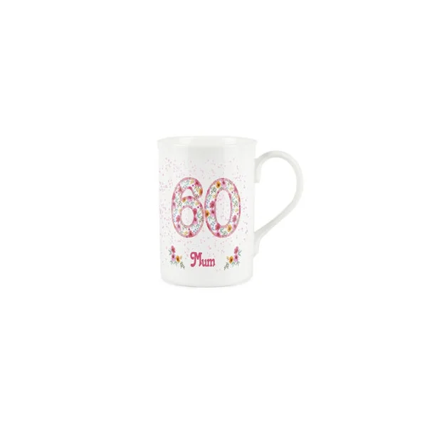 Pink Floral Mums 60th Birthday Mug & Coaster Gift Set - Bone China Mug and Glass Coaster Tea/Coffee Cup Present for Mum