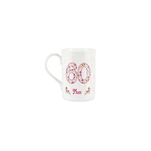 Pink Floral Mums 60th Birthday Mug & Coaster Gift Set - Bone China Mug and Glass Coaster Tea/Coffee Cup Present for Mum