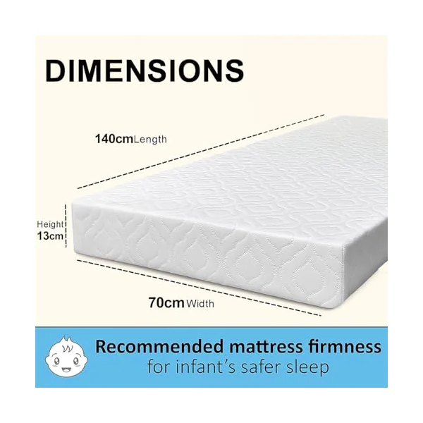 Pinkfairy Baby Toddler Cot Bed Mattress – Fully Breathable Foam with Removable & Washable Zipped Cover | Anti-Allergy, White (140 x 70 x 13cm)