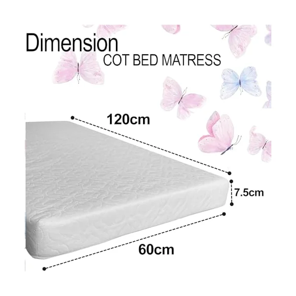 Pinkfairy Breathable Baby Cot Bed Mattress Quilted Extra Thick Depth Fits (120 X 60 X 7.5CM) Replacement Foam Mattress For Kids