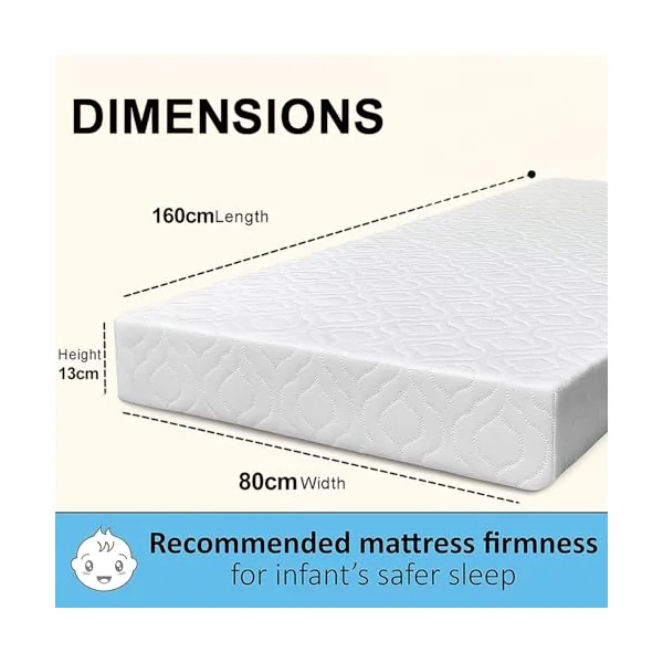 Pinkfairy Thick Cot Bed Mattress 160x80x13 cm - Extra Breathable Baby Toddler Foam Hypoallergenic Quilted Zip Removable White Cover Made in England