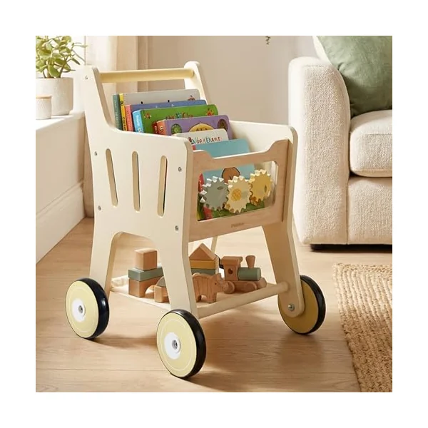Pithfor Wooden Shopping Cart for Kids, 3 in 1 Wooden Baby Push Walker, Baby Doll Stroller, Toy Shopping Cart for Toddlers 1-3