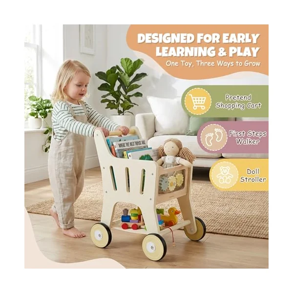 Pithfor Wooden Shopping Cart for Kids, 3 in 1 Wooden Baby Push Walker, Baby Doll Stroller, Toy Shopping Cart for Toddlers 1-3