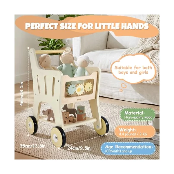 Pithfor Wooden Shopping Cart for Kids, 3 in 1 Wooden Baby Push Walker, Baby Doll Stroller, Toy Shopping Cart for Toddlers 1-3