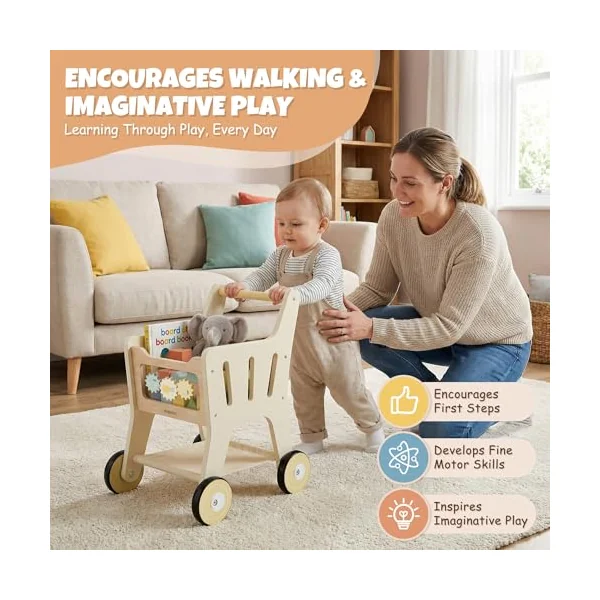 Pithfor Wooden Shopping Cart for Kids, 3 in 1 Wooden Baby Push Walker, Baby Doll Stroller, Toy Shopping Cart for Toddlers 1-3