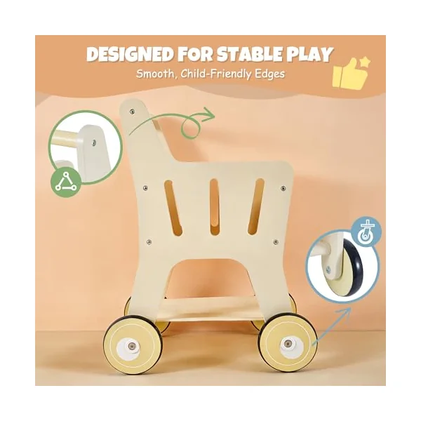 Pithfor Wooden Shopping Cart for Kids, 3 in 1 Wooden Baby Push Walker, Baby Doll Stroller, Toy Shopping Cart for Toddlers 1-3