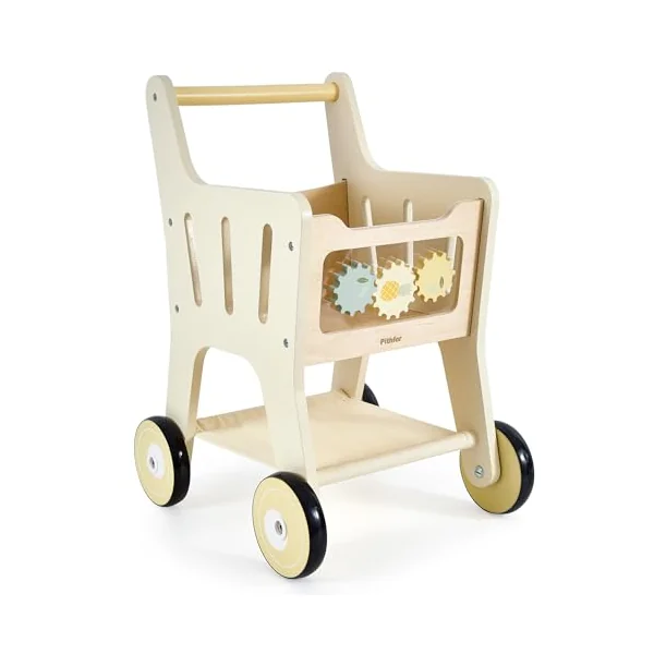 Pithfor Wooden Shopping Cart for Kids, 3 in 1 Wooden Baby Push Walker, Baby Doll Stroller, Toy Shopping Cart for Toddlers 1-3