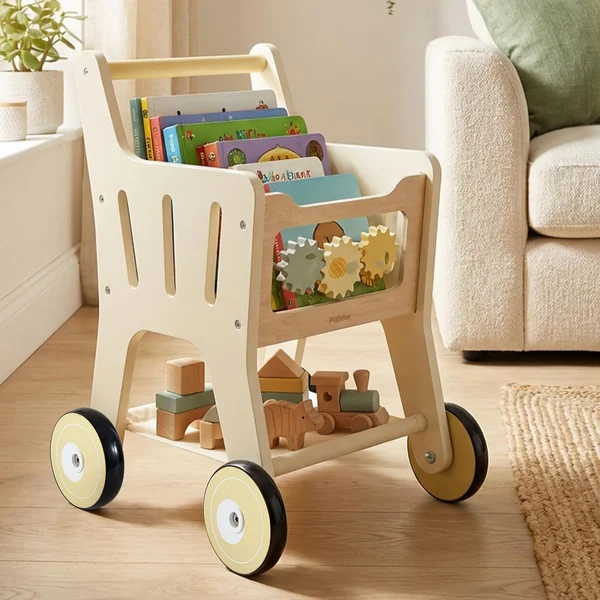 Pithfor Wooden Shopping Cart for Kids, 3 in 1 Wooden Baby Push Walker, Baby Doll Stroller, Toy Shopping Cart for Toddlers 1-3