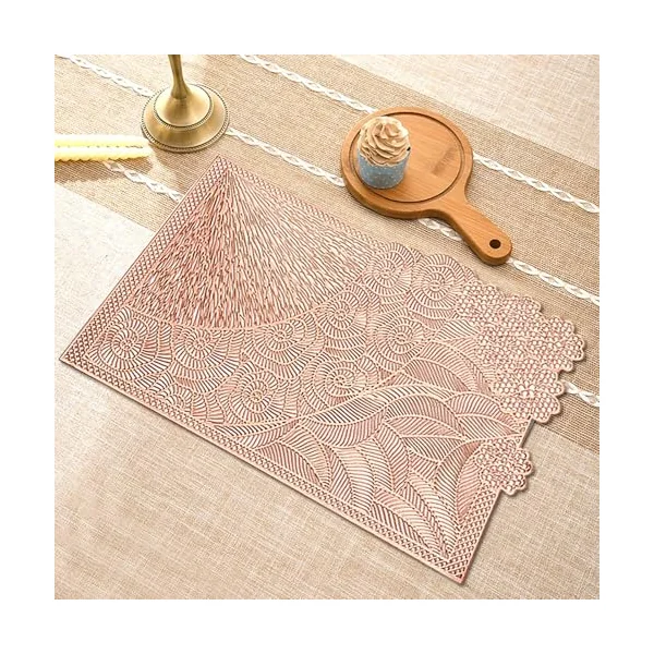 Place Mat Desk Set of 2, PVC Rose Gold Table Coasters Hollow Flowers Leaves, Square Table Place Mat Washable Vintage for Kitchen Restaurant 30 x 45 cm