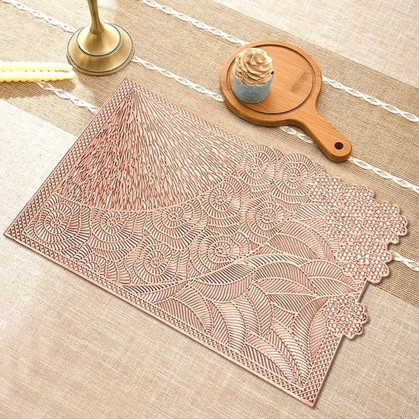 Place Mat Desk Set of 2, PVC Rose Gold Table Coasters Hollow Flowers Leaves, Square Table Place Mat Washable Vintage for Kitchen Restaurant 30 x 45 cm