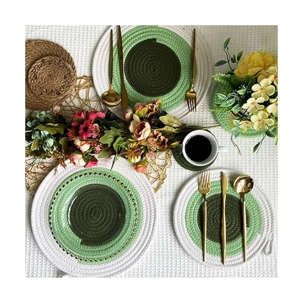Place Mats Green Vintage Set of 2, Cotton Linen Table Mats Set Woven, Round Place Mats Washable Boy for Home and Hotel, 30 cm