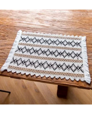 Place Mats Style 7 Wipe Clean Set of 4, Cotton Linen Table Mat Weave Stripes Rhombus Pattern with Tassel, Square Place Mats Non-Slip Washable for Table Bar, 30 x 50 cm