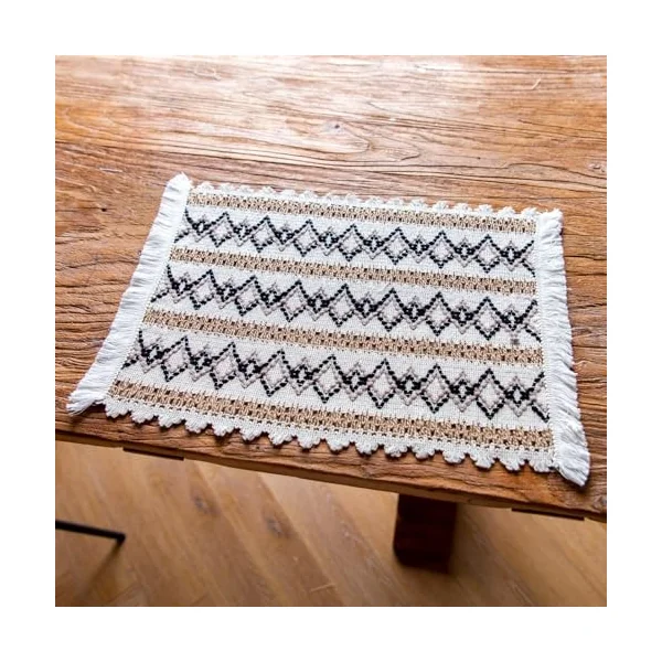 Place Mats Style 7 Wipe Clean Set of 4, Cotton Linen Table Mat Weave Stripes Rhombus Pattern with Tassel, Square Place Mats Non-Slip Washable for Table Bar, 30 x 50 cm