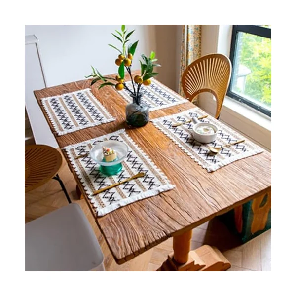Place Mats Style 7 Wipe Clean Set of 4, Cotton Linen Table Mat Weave Stripes Rhombus Pattern with Tassel, Square Place Mats Non-Slip Washable for Table Bar, 30 x 50 cm